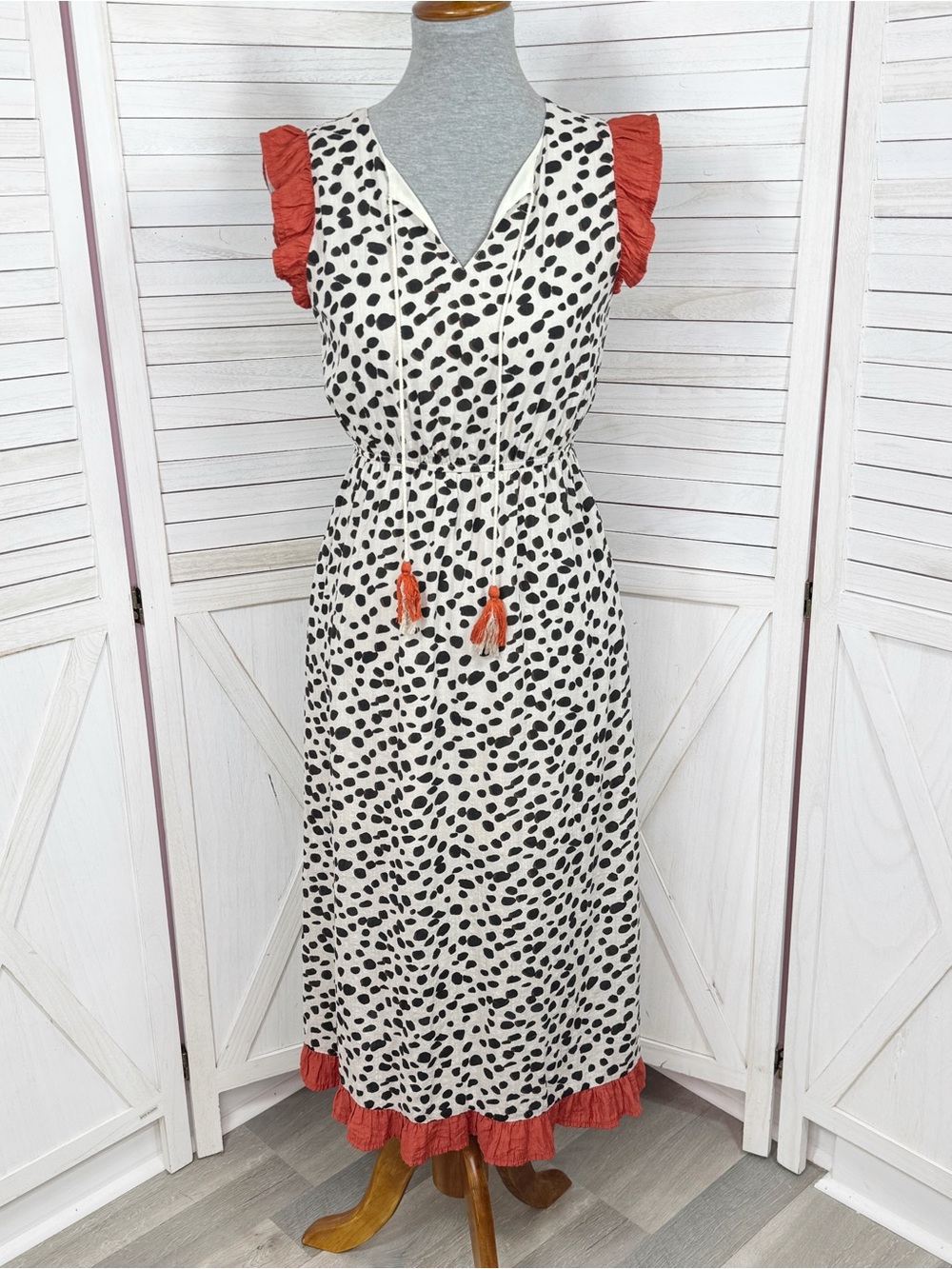 THML Animal Print Ruffle Trim Midi Dress Sundress Ivory Black XS Leopard Cottage